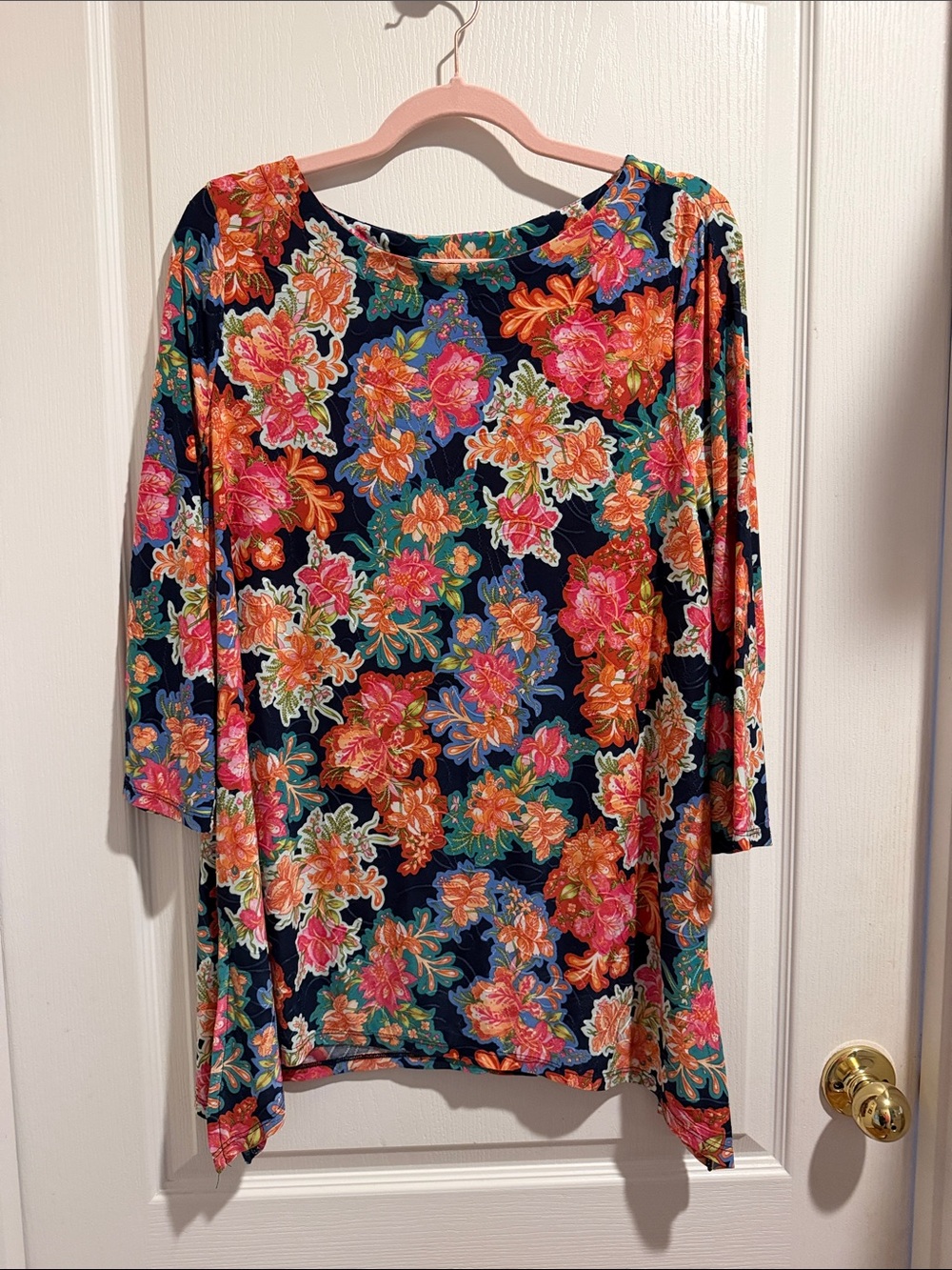 JM Collection Navy Floral Scoop-Neck Tunic with Pink and Orange Blooms